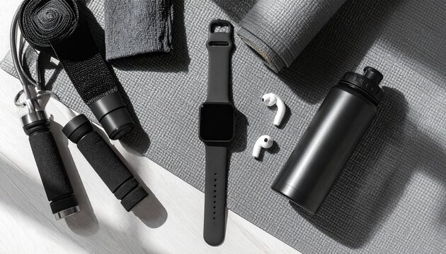 Black smartwatch and fitness accessories on gray yoga mat including earbuds water bottle and jump rope