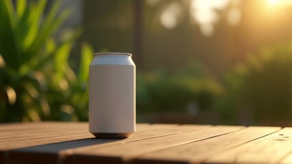 A can of beer sitting on top of a wooden table.