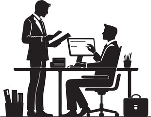 Businessmen collaborating at desk with computer and documents collaboration office
