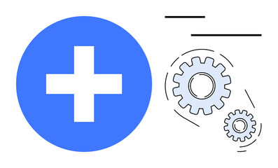 Blue medical cross with mechanical gears interconnected, symbolizing process efficiency, healthcare technology, collaboration. Ideal for healthcare, technology, teamwork, innovation, efficiency