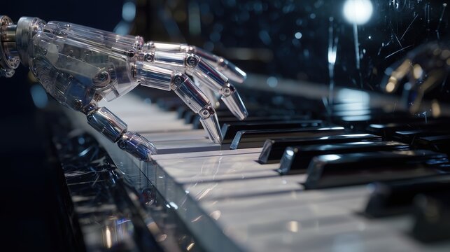 Cyber puppet musician concept, Robot hand playing piano keys in a futuristic setting.
