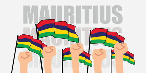 hand with flag of the Mauritius or Mauritius independence day vector illustration of Mauritius flag with gray background banner or greeting card