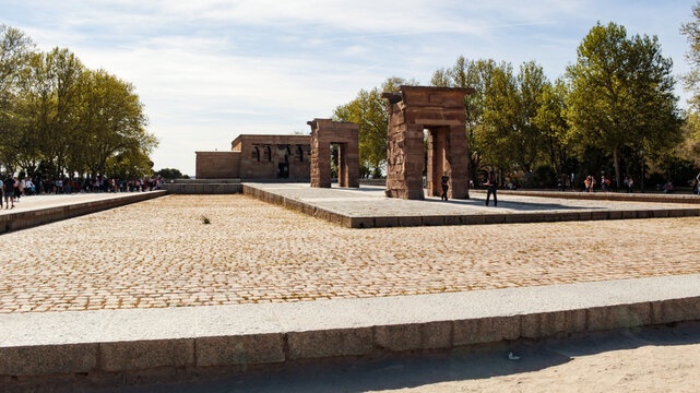 The Temple of Debod, an ancient Egyptian temple in Madrid, Spain. The temple was rebuilt in one of Madrid's parks, Parque del Oeste, near the Royal Palace of Madrid
