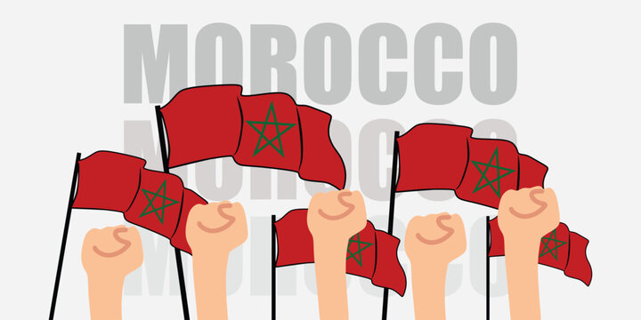 hand with flag of the Morocco or Morocco independence day vector illustration of Morocco flag with gray background banner or greeting card