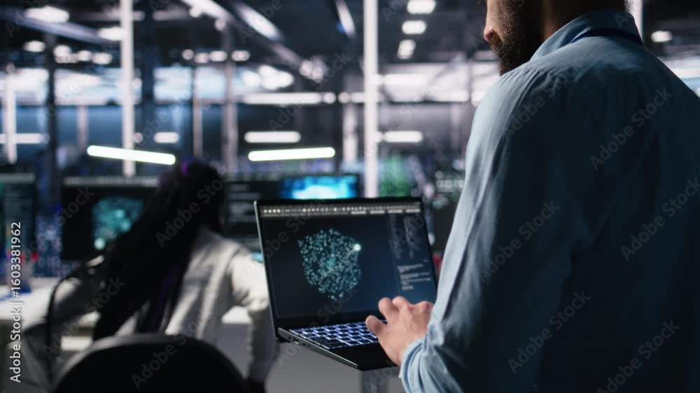 Poster data center programmer using laptop to monitor neural network using ai llm chatbot. worker using art