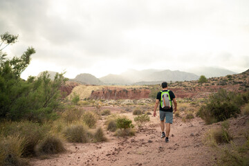 A lone hiker walks along a sandy path in a remote desert landscape. The terrain features reddish...