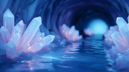 Blue cave with glowing mineral crystals and reflective water. Underground river in a deep mine tunnel. Futuristic fantasy landscape with precious stones.