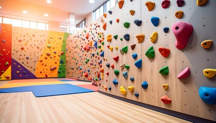 Indoor climbing gym featuring a colorful climbing wall with various shaped holds, padded flooring, and natural light from large windows.