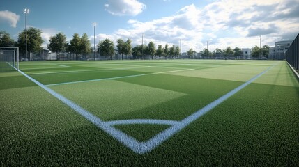 photorealistic view of youth soccer field from straight sideline angle