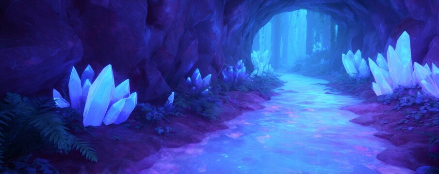 Glowing crystals in a dark cave with a mystical river leading to an otherworldly forest. Fantasy scene for adventure storytelling.