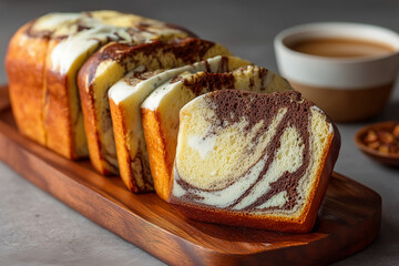 Freshly baked loaf slices of marble bread, with swirled pattern of light and dark dough, on wooden cutting board.