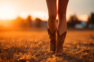 Fototapeta premium close up of young woman legs wearing cowgirl boots on the field at sunset