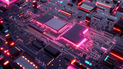 Obraz premium High tech circuit board with glowing pink and orange lights showcases intricate processor architecture, highlighting advanced technology and innovation