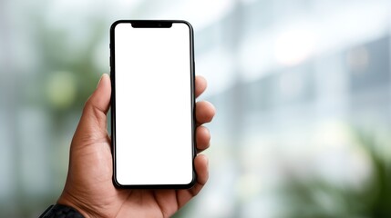 Hand Holding Smartphone with Blank White Screen Mockup