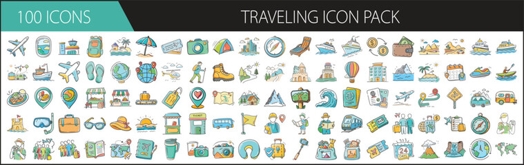 Traveling Icon Pack with 100 Tourism and Vacation Symbols - Colorful icon set of 100 travel-related illustrations including planes, luggage, landmarks, hotels, tickets, maps, passports, and adventures