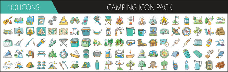 Camping Icon Pack with Outdoor Equipment and Nature - Set of 100 colorful camping icons including tents, bonfires, backpacks, maps, compasses, animals, and wilderness survival gear.