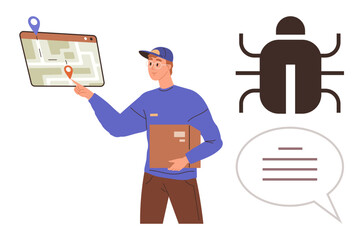 Delivery person holding parcel while checking digital map on tablet. Bug graphic highlights technical problem. Speech bubble for discussion or feedback. Ideal for delivery, navigation