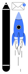 Blue rocket launching near black pencil and notification envelope with three new messages, symbolizing creation, innovation, teamwork, progress, communication, digital messaging, and productivity