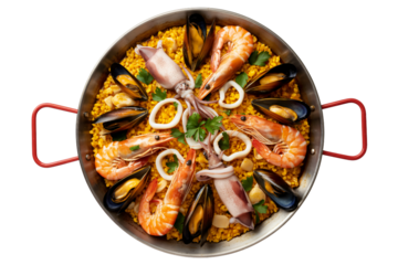A large, traditional paella pan is filled with rich, golden saffron rice and an abundant assortment of seafood. 