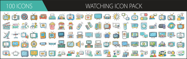 Watching Icon Pack with 100 Entertainment and Media Viewing Elements - A fun and colorful set of 100 cartoon-style watching icons, including TVs, screens, remotes, streaming, popcorn, and media player