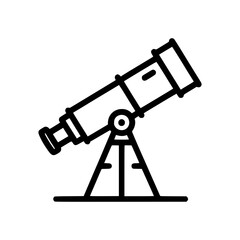 A detailed illustration of a black outline telescope on a tripod, ready for observation. The telescope is positioned to look towards the sky