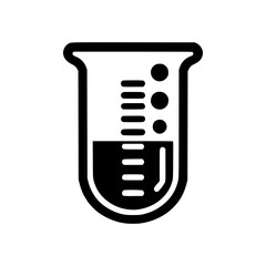 An image of a black and white scientific beaker containing liquid. The beaker has graduation marks and is commonly used in scientific research