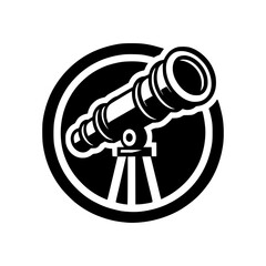 A detailed illustration of a telescope on a tripod within a circular frame. The design is rendered in a minimalist style with a focus on the telescope