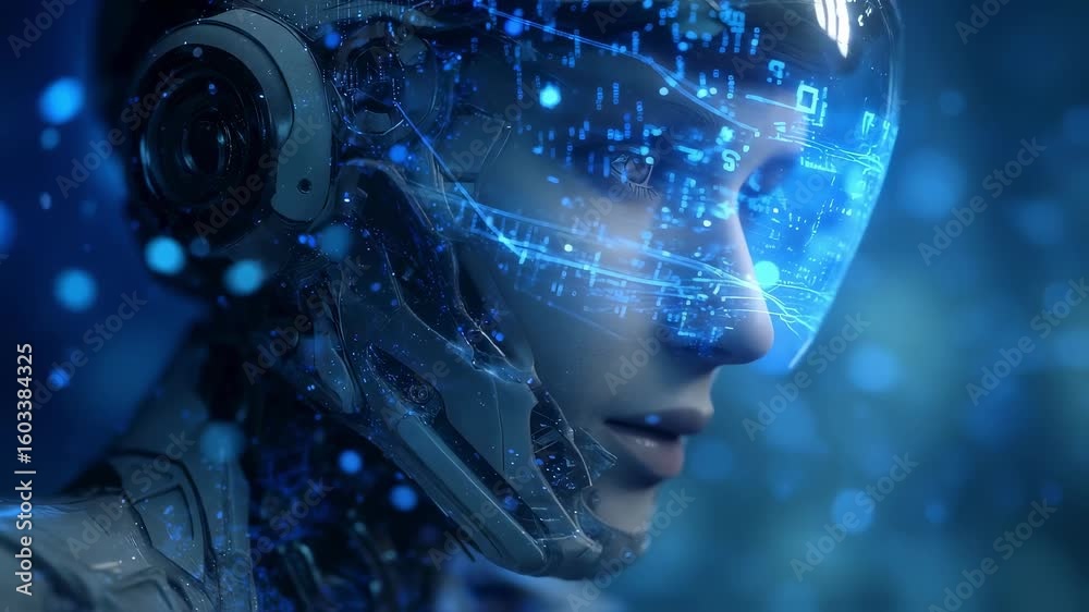 Poster astronaut wearing a futuristic helmet with a heads up display explores a new planet, utilizing augme