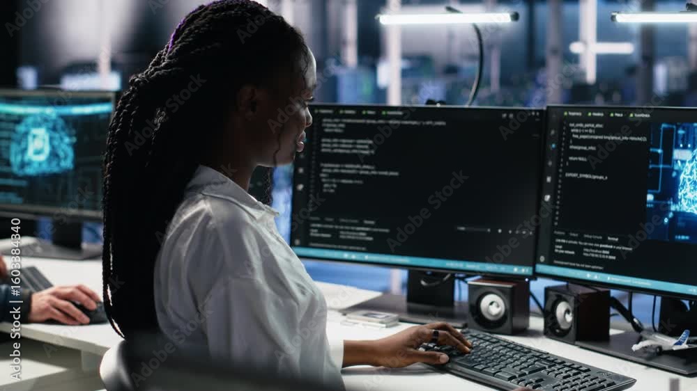 Poster data center system administrator working on neural network software development. african american wo