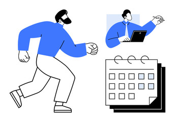 Man running towards a goal, professional at computer, and a calendar for planning. Ideal for productivity, organization, time management, scheduling, deadlines goal-setting efficiency. A simple