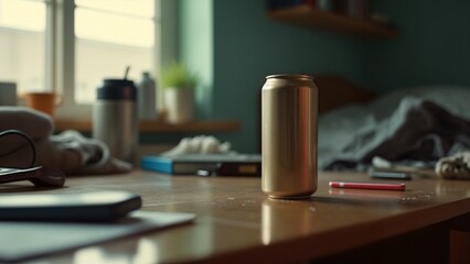 Naklejka premium A can of beer sitting on top of a wooden table.