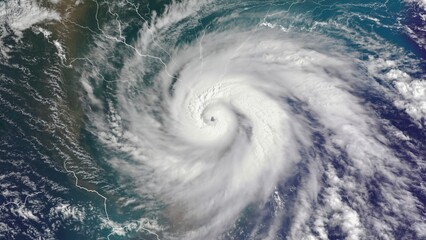 Satellite image of powerful rotating hurricane over ocean, showing natural disaster, extreme weather, atmospheric pressure, and swirling cyclone forces from space in environmental observation context.
