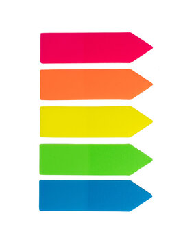 Colorful arrow shaped sticky tabs for office or school document marking isolated on transparent background for design. 