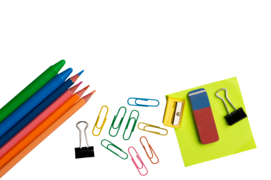 Colorful school supplies including pencils paperclips sharpener and eraser arranged at the bottom with copy space on white, png isolated. 