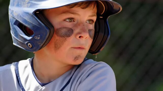 Close up of a young baseball player with eye black and helmet looking into the distance
