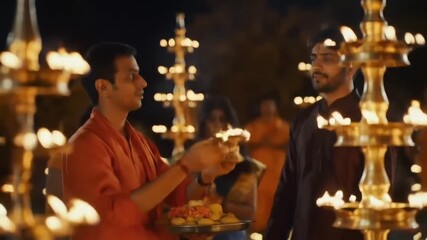 Hindu People in orange robes praying around a fire surrounded by lit oil lamps at night, arti Pooja 