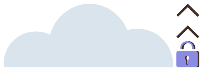Cloud design with upward arrows indicating data transfer and lock symbol emphasizing security. Ideal for cybersecurity, cloud storage, data privacy, encryption, software, technology, simple landing