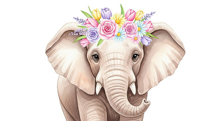 Watercolor illustration of an elephant wearing a flower crown on a black background space for text