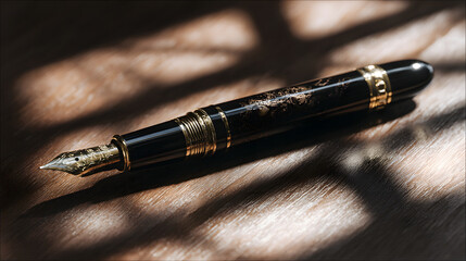 Naklejka premium Elegant Fountain Pen with Gold Accents on Wooden Surface