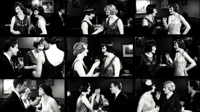 Black and white montage showing people in formal wear at a party with drinks and dancing