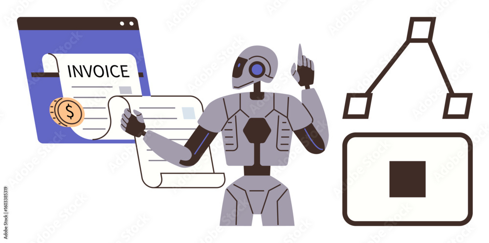 Poster robot analyzing digital invoice, suggesting optimization with flowchart diagram. ideal for finance, 