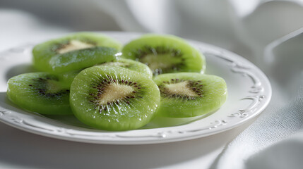 A refreshing stack of kiwi fruit slices arranged on a decorative, ornate white plate, bathed in soft lighting.