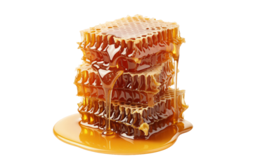 A tall stack of four golden honeycomb pieces is shown, with viscous, amber honey visibly dripping and pooling around the base.