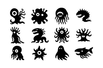 Set of silhouette monster icons in black and white with unique designs