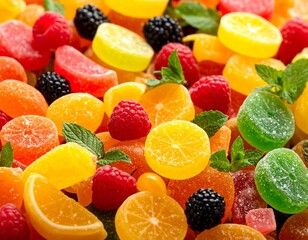 Colorful fruit-flavored candies and berries