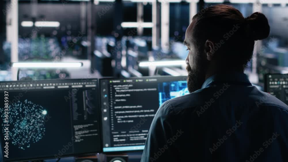 Poster data center computer scientist using pc to monitor neural network using ai llm. it expert at work us