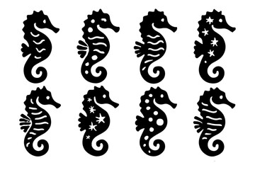 Set of eight silhouette seahorses with unique decorative patterns