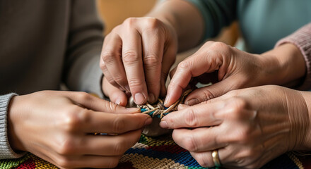 Close up shot of two people's hands working together on a colorful woven project with intricate details