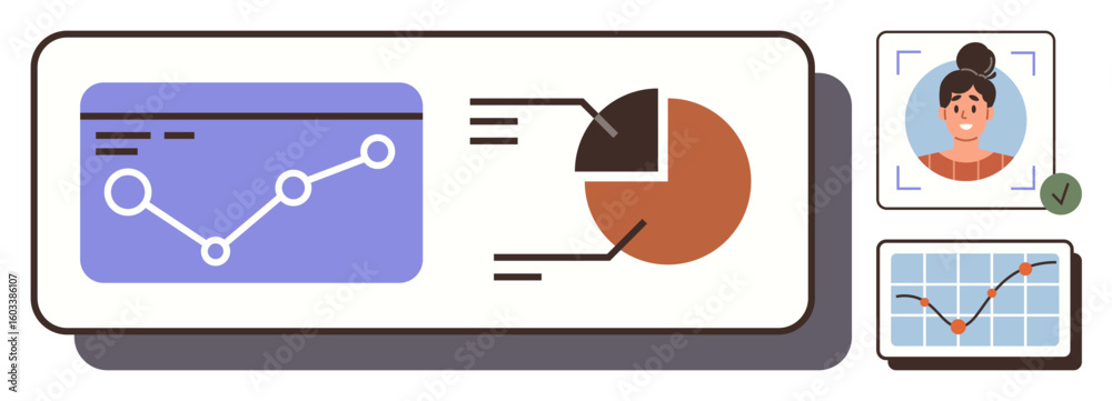 Poster graph line and pie chart analytics, user profile verification, and statistical dashboard. ideal for 