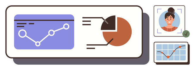 Graph line and pie chart analytics, user profile verification, and statistical dashboard. Ideal for data visualization, business insights, research, user authentication, statistics, infographics